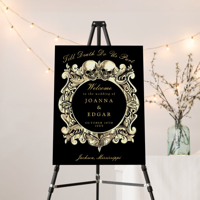 Black And Gold Skulls Gothic Wedding Welcome Sign (In Situ (Stand))