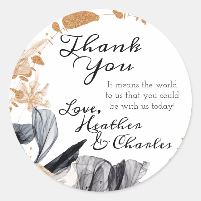 Black and Gold Smoke Flowers Wedding Favor Sticker (Front)