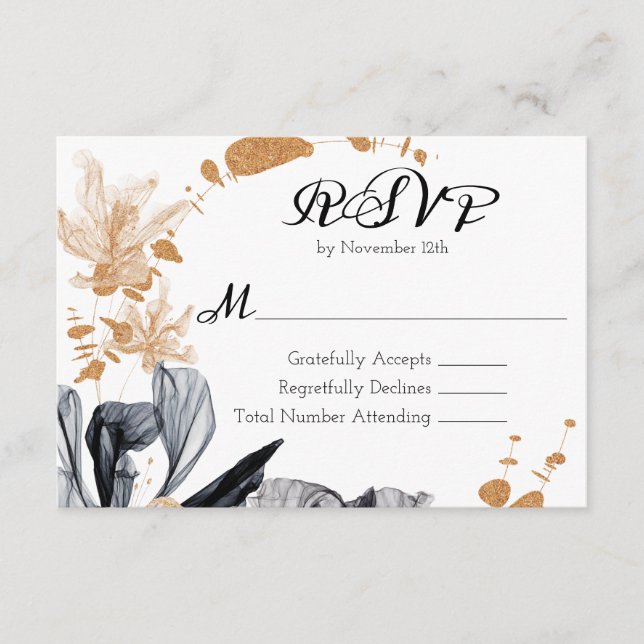 Black and Gold Smoke Flowers Wedding RSVP  Enclosure Card (Front)