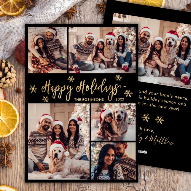 Black and Gold Snowflake 5 Photo Collage Christmas Holiday Card (Creator Uploaded)