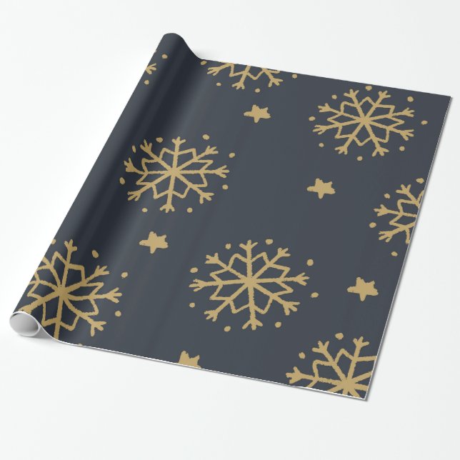 Black and Gold Snowflake Wrapping Paper (Unrolled)