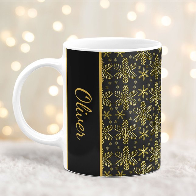 Black and Gold Snowflakes Christmas Mug with Name (Creator Uploaded)