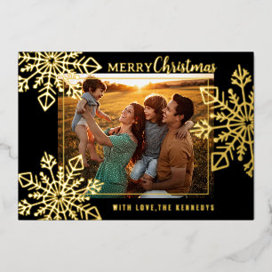 Black And Gold Snowflakes Merry Christmas Photo Foil Holiday Card