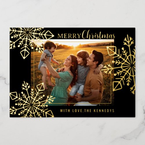 Black And Gold Snowflakes Merry Christmas Photo  Foil Holiday Card