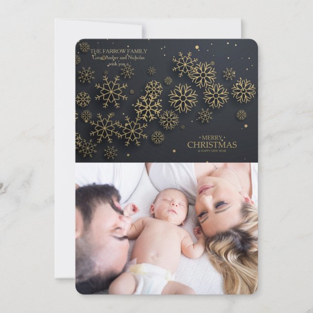 Black and Gold Snowflakes Photo Holiday Card (Front)