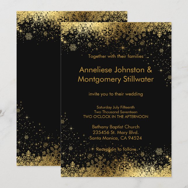 Black and Gold Snowflakes Wedding Invitation (Front/Back)