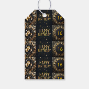 Black and Gold Sparkle Balloon Happy Birthday Gift Tags