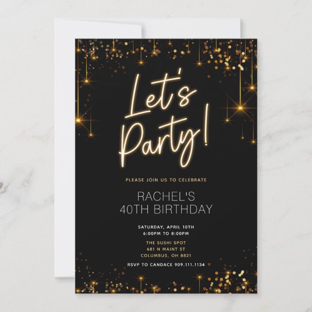 Black and Gold Sparkle Birthday Dinner Invitation (Front)