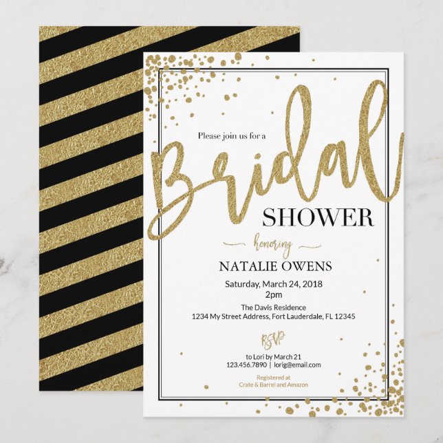 Black and Gold Sparkle Bridal Shower Invitation (Front/Back)