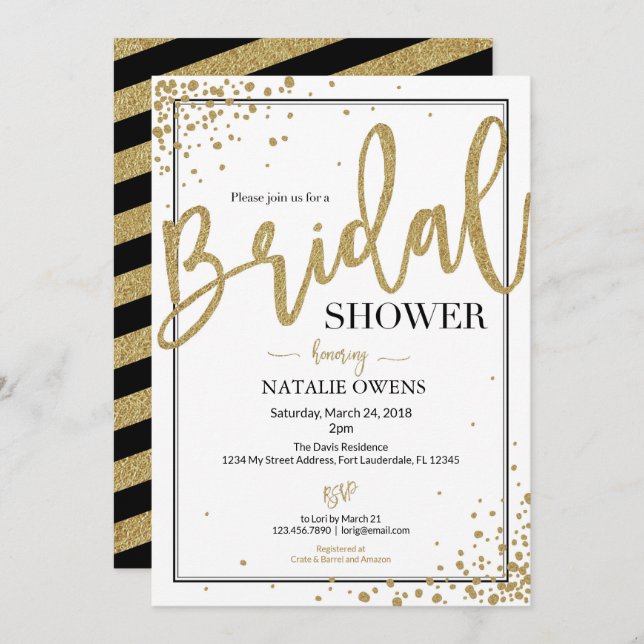 Black and Gold Sparkle Bridal Shower Invitation (Front/Back)