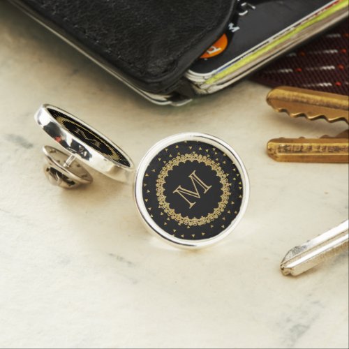 Black and Gold Sparkle Elegant Monogram Lapel Pin