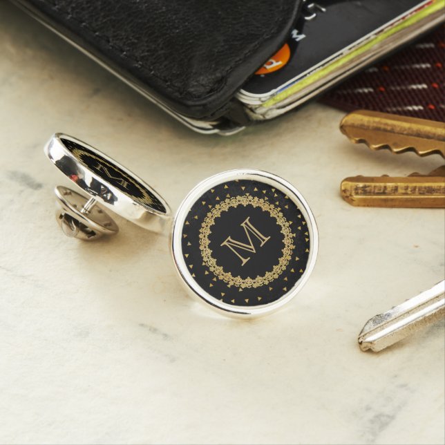 Black and Gold Sparkle Elegant Monogram Lapel Pin (In Situ)