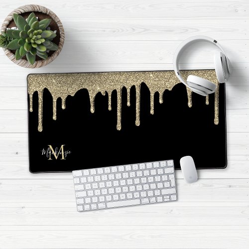 Black and Gold Sparkle Glitter Drips Monogram Desk Mat