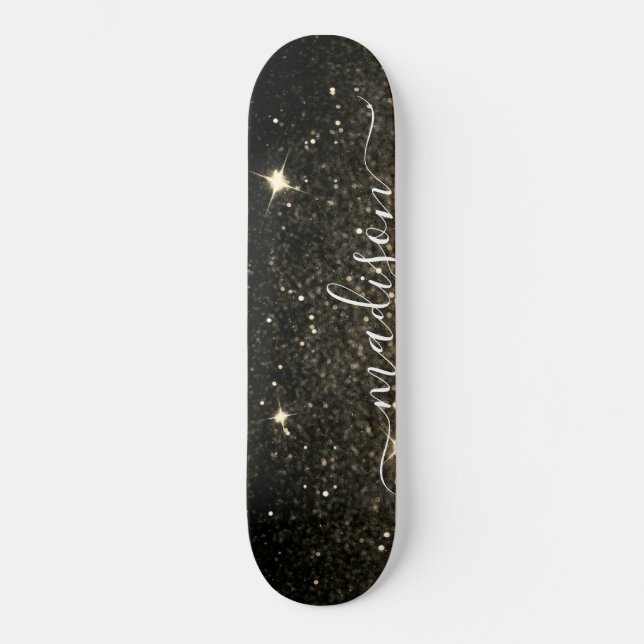 Black and Gold Sparkle Glitter Personalized Skateboard (Front)