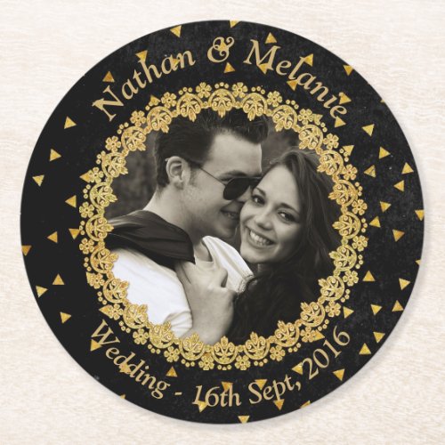 Black and Gold Sparkle Round Paper Coaster