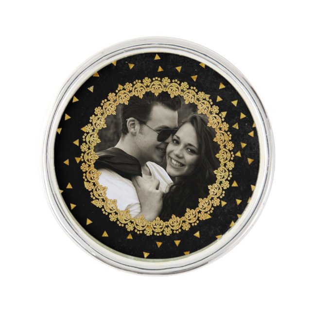 Black and Gold Sparkles Custom Photo Lapel Pin (Front)