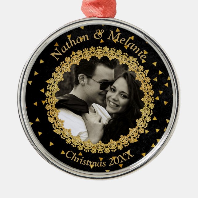 Black and Gold Sparkles Custom Photo Metal Ornament (Front)