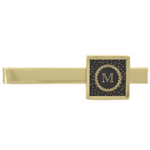 Black and Gold Sparkles Elegant Monogram Gold Finish Tie Bar