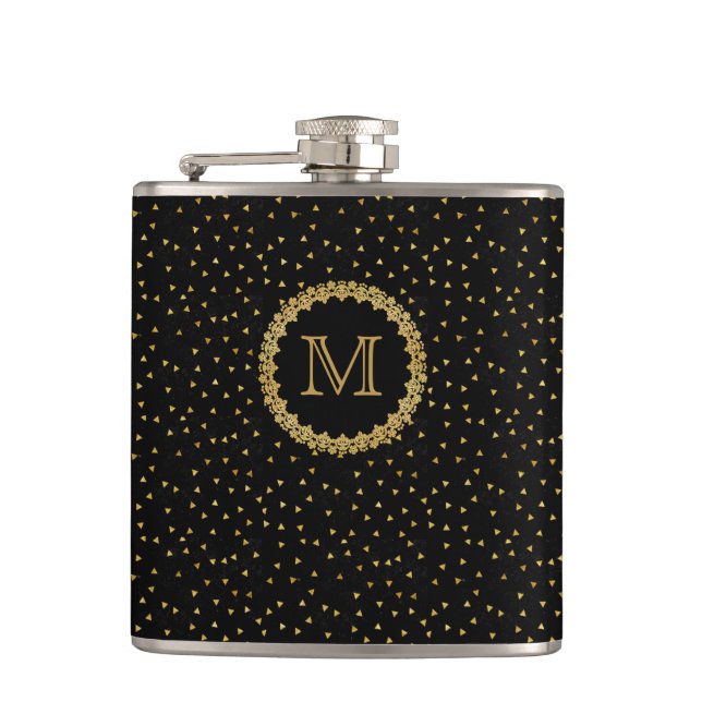 Black and Gold Sparkles Monogram Flask (Front)