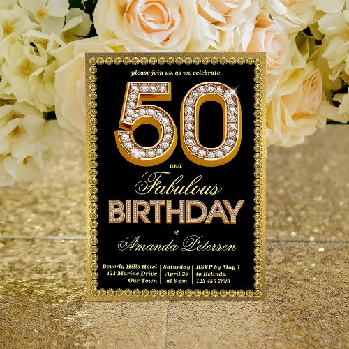 Black and gold sparkling diamonds 50th birthday invitation
