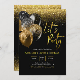 Black and Gold Sparkling Let's Party Invitation