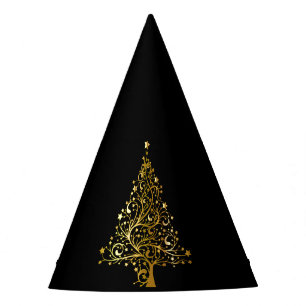Black and Gold Sparkly Christmas Tree Design Party Hat