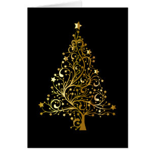 Black and Gold Sparkly Christmas Tree Menu Design Cards