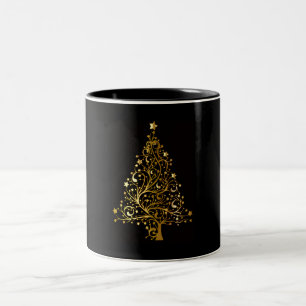 Black and Gold Sparkly Christmas Treet Design Two-Tone Coffee Mug