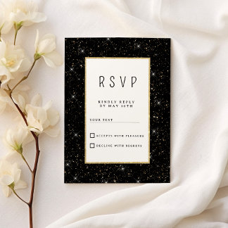 Black and gold sparkly glitter confetti RSVP Invitation