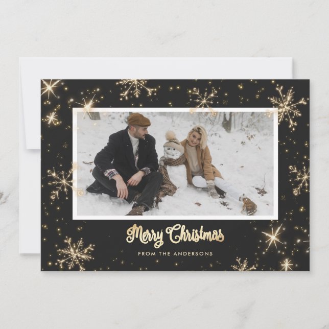 Black and Gold Sparkly Photo Christmas Cards (Front)