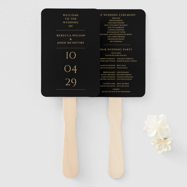 Black And Gold Special Date Wedding Program Hand Fan (Front and Back)