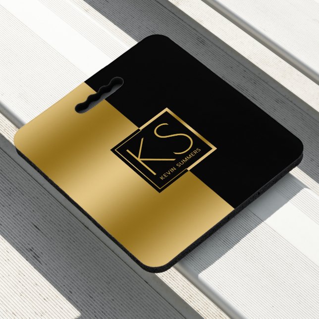 Black and gold split screen monogram seat cushion (In Situ)