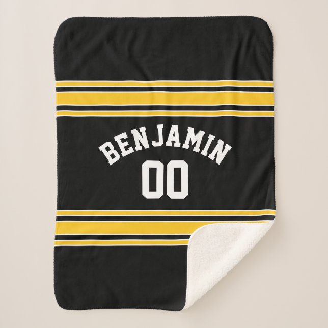 Black and Gold Sports Jersey Custom Name Number Sherpa Blanket (Front)