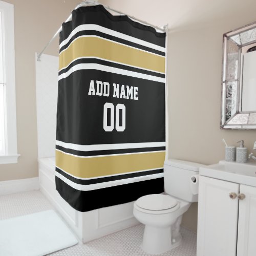Black and Gold Sports Jersey Custom Name Number Shower Curtain