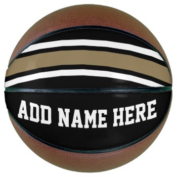 Black And Gold Sports Stripes And White Name Basketball by MyRazzleDazzle at Zazzle