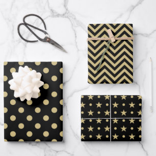 Black And Gold Spots ZigZag Stars Pattern Wrapping Paper Sheets