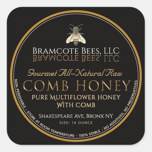 Black and Gold Square Comb Honey Label Vintage Bee