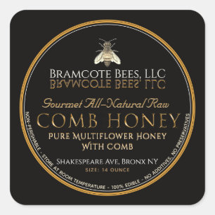 Black and Gold Square Comb Honey Label Vintage Bee