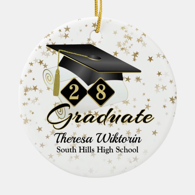 Black and Gold Star Graduate Ceramic Ornament (Front)