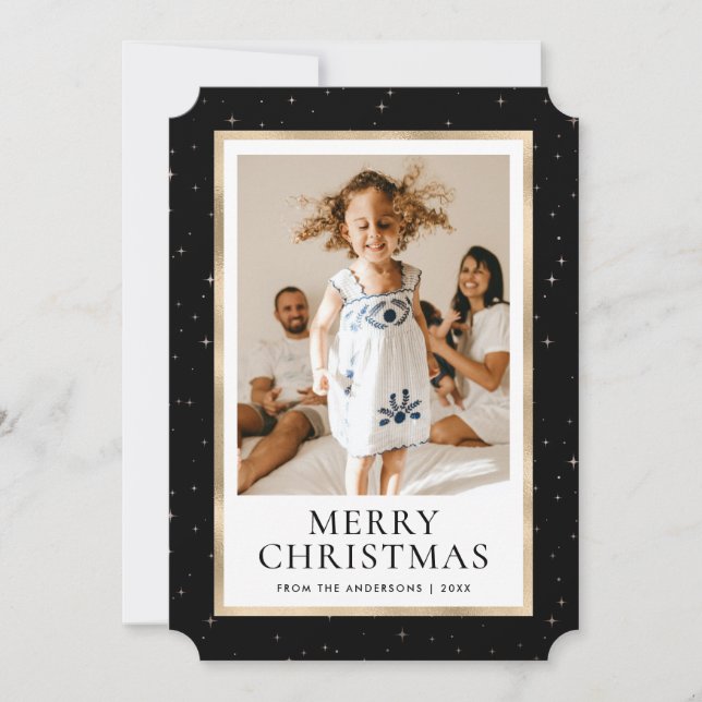 Black and Gold Starry Night Photo Christmas Card (Front)
