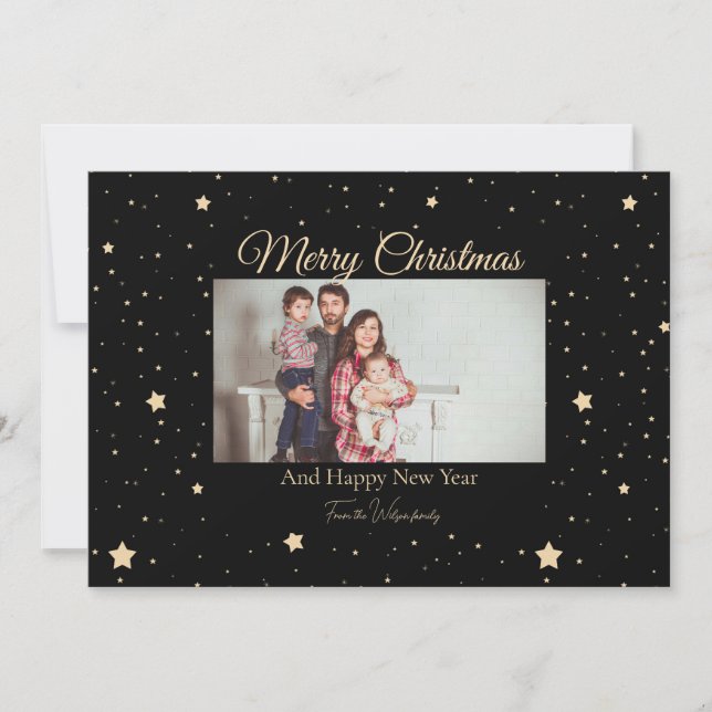 Black and Gold Starry Night Photo Christmas  Holiday Card (Front)