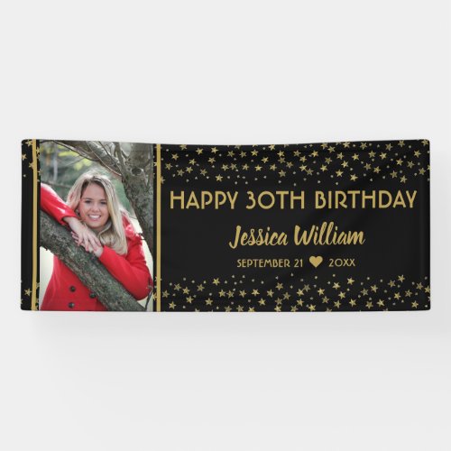 Black And Gold Stars 30th Birthday Custom Photo Banner