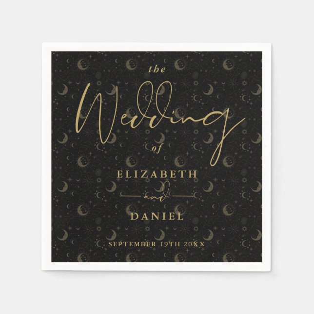 Black And Gold Stars And Mood Celestial Wedding Napkins (Front)