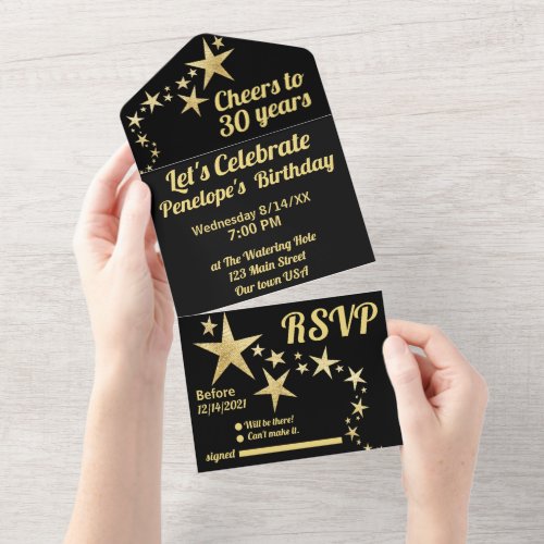 Black and Gold Stars Cheers to 30 Years Birthday  All In One Invitation
