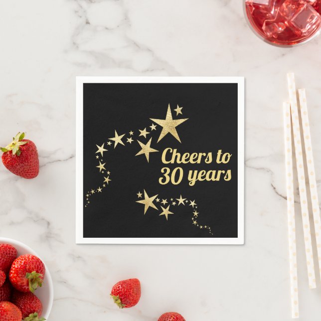 Black and Gold Stars Cheers to 30 Years Birthday Napkins (Insitu)