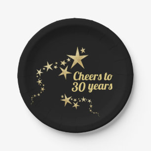 Black and Gold Stars Cheers to 30 Years Birthday Paper Plates