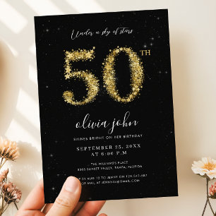 Black and Gold Stars Glitter 50th Birthday Party Invitation