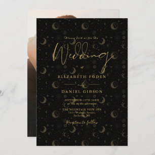 Black And Gold Stars Moon Photo Celestial Wedding Invitation