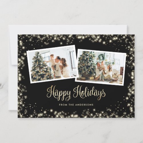 Black and Gold Stars Twinkle Lights Family Photo Holiday Card