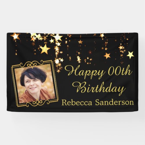 Black and Gold Stars w Photo Any Year Birthday Banner